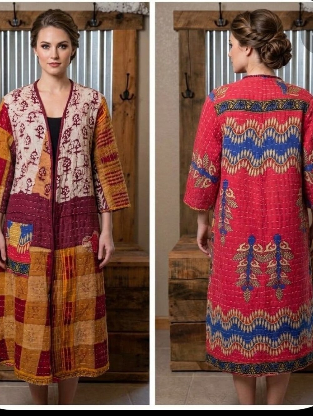 Upcycled Kantha Blanket Coat Kimono S-M Reversible Handmade Boho Artsy